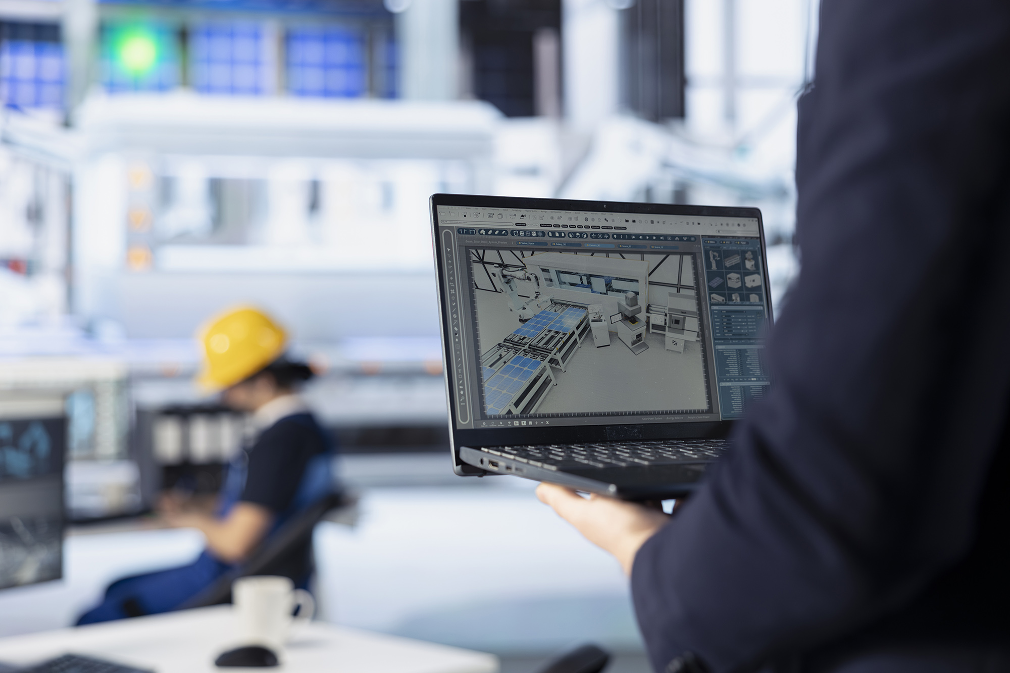 photovoltaics factory technician improves solar panel configurations with laptop